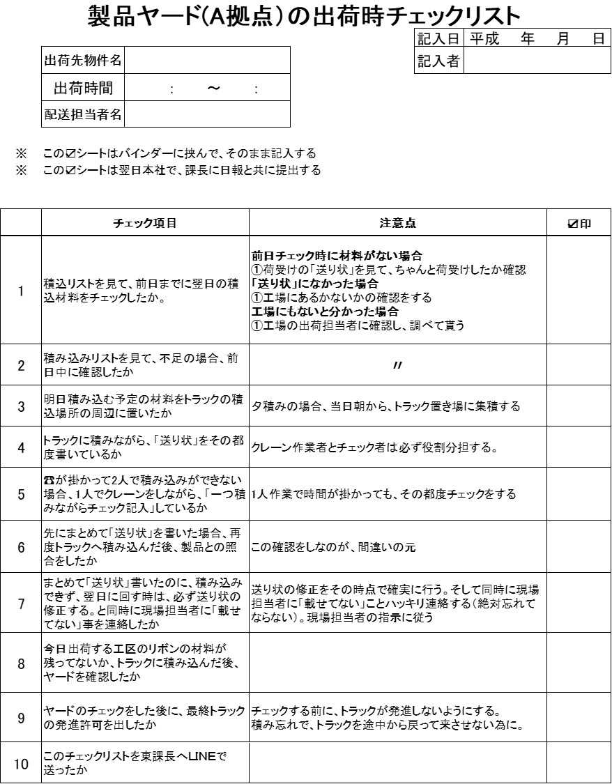 出荷時チェックリスト
